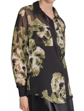 DKNY Women's Printed Button-Front Long-Sleeve Sheer Top in Photo Floral